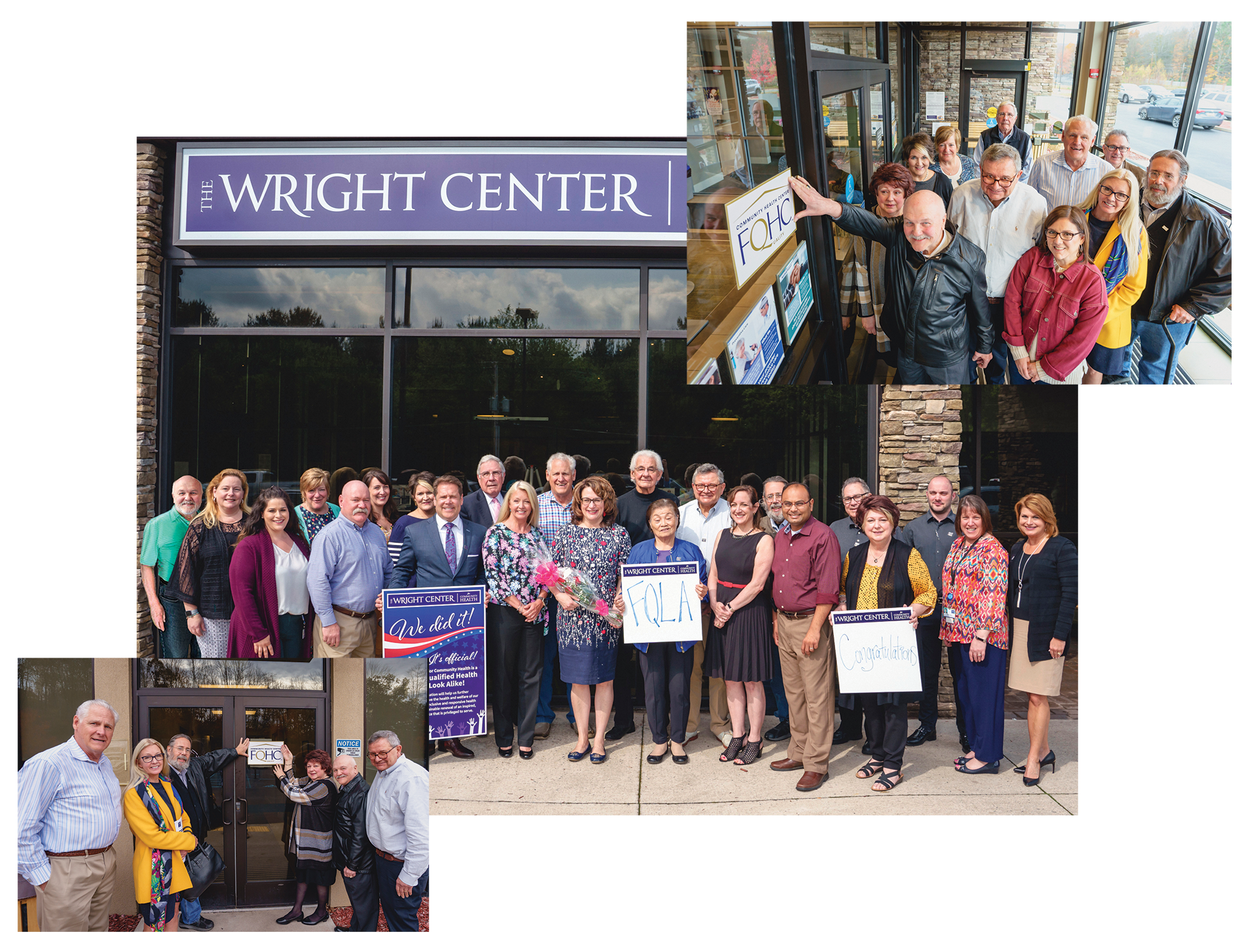 Board members hang Federally Qualified Health Center signs at The Wright Center for Community Health Mid Valley Practice.