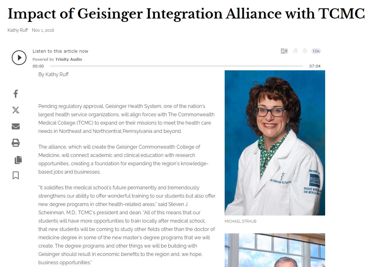 Impact of Geisinger Integration Alliance with TCMC news article from the Business Journal