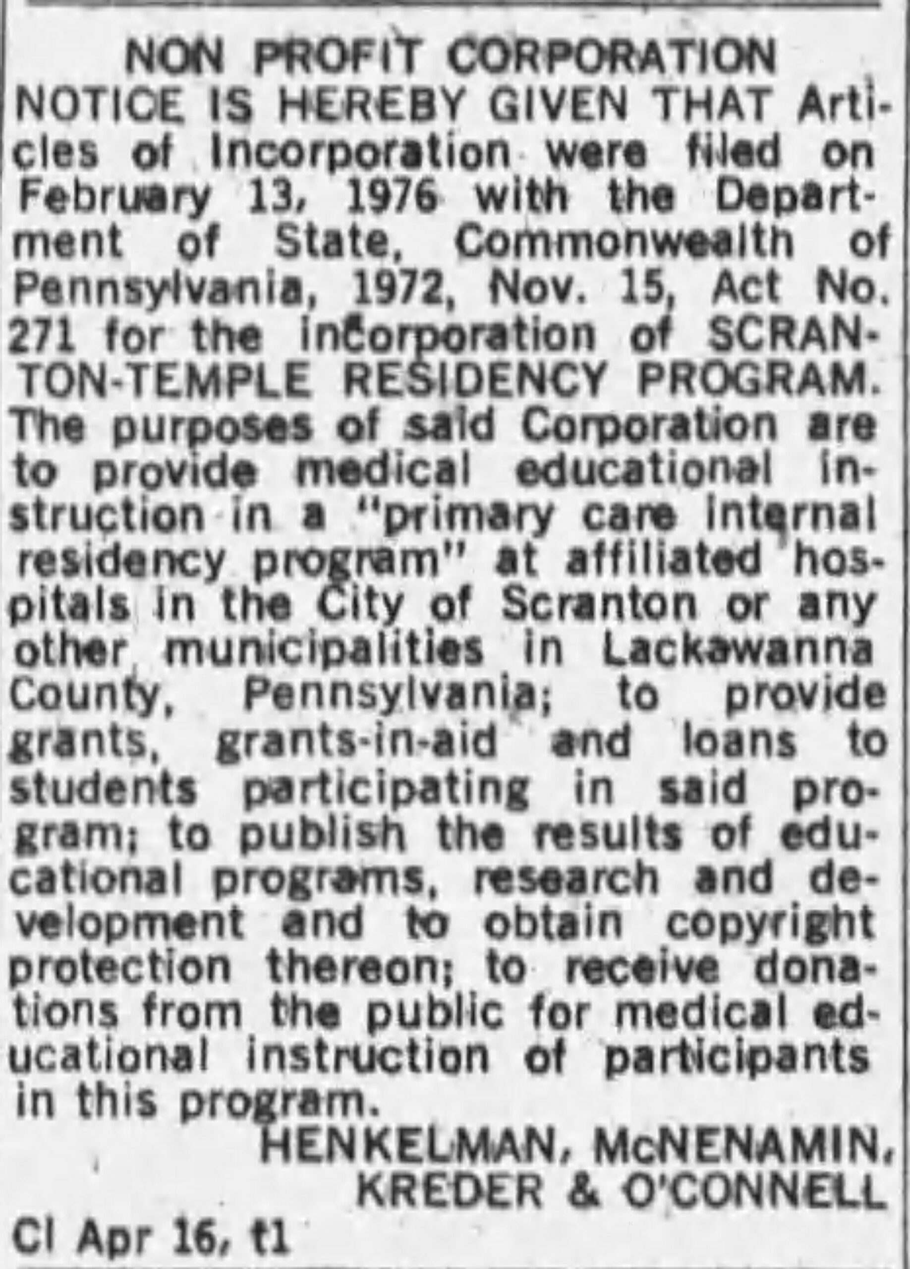 newspaper article mentioning the articles of incorporation filed by Dr. Wright